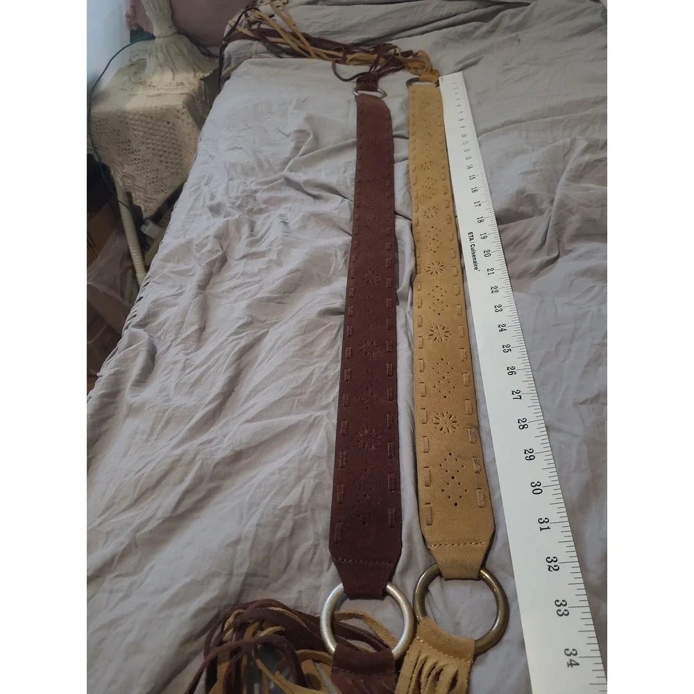 Boho Belt Lot of 2 women SZ M/L Festival Western fringe ties metal leather‎